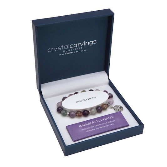 Rainbow Fluorite Bracelet Tree Of Life Charm 10mm Bead